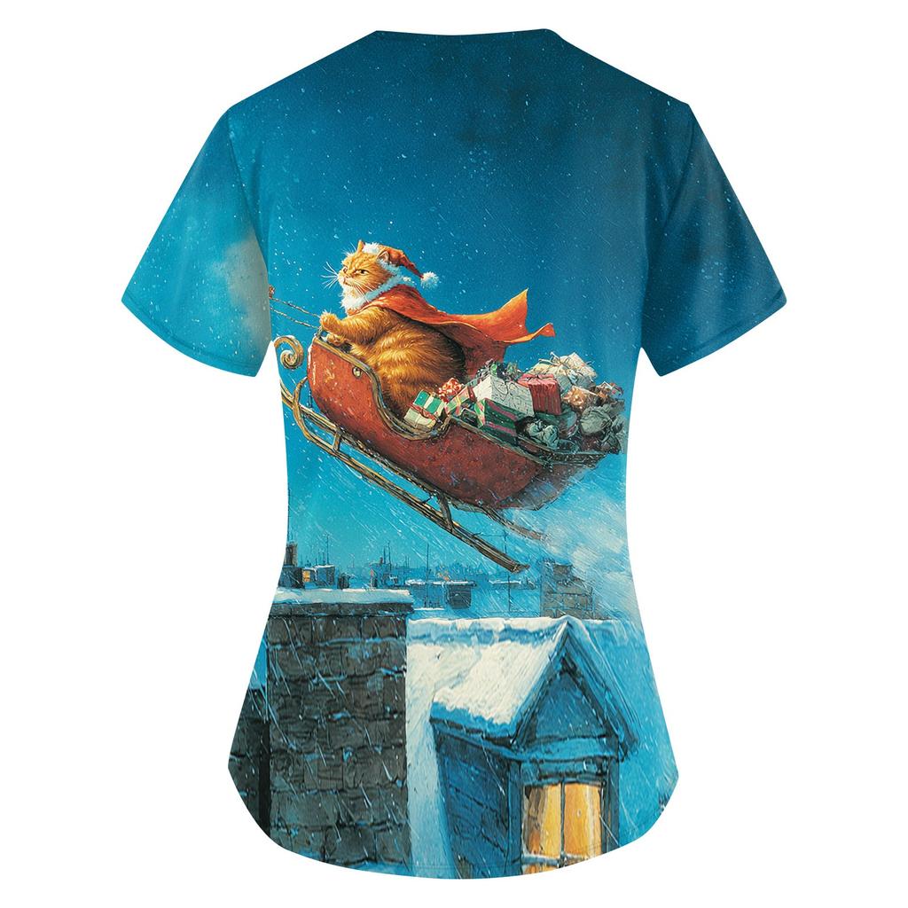 Women's Printing Uniform Work Uniform V-neck Pockets Basic Short Sleeve Pullover Top