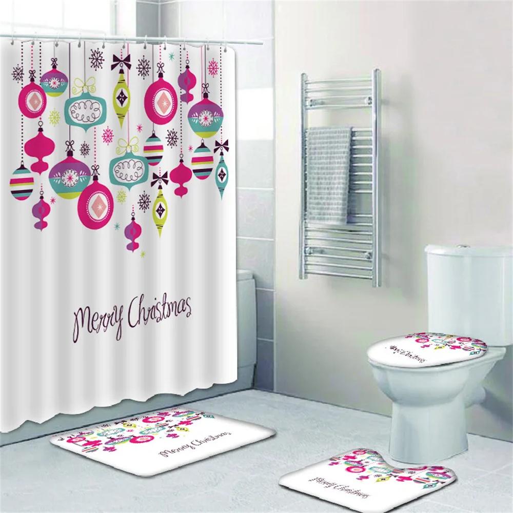 4pcs Merry Christmas Shower Curtain Polyester Shower Curtain Pedestal Rug Set Bathroom Decor Waterproof Curtain