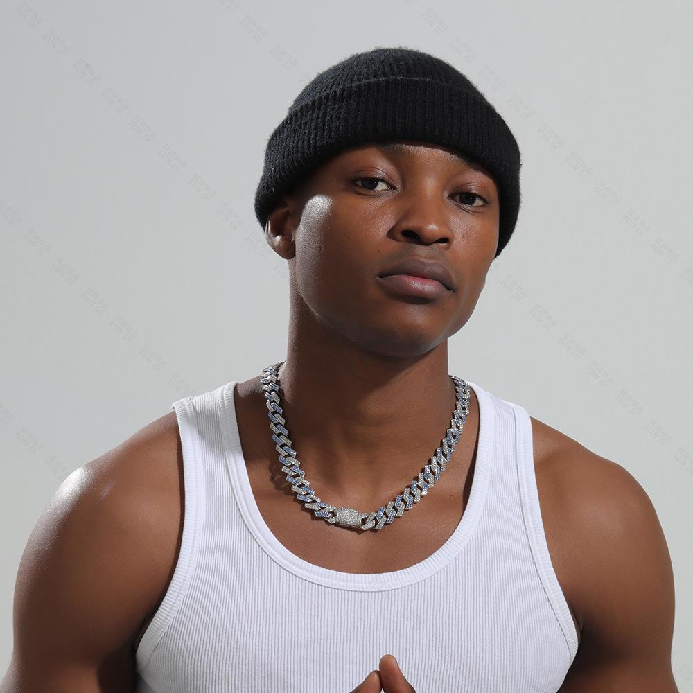 Collana Uomo Stile Hip Hop Cuban Link da 15mm con Chiusura a Rombo Completamente Pavimentata di Diamanti