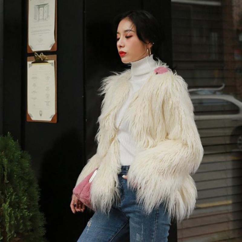 Women Wool Faux Fur Coat Autumn and Winter Mid-length Slim Warm Lamb Long Hair Leisure Jackets
