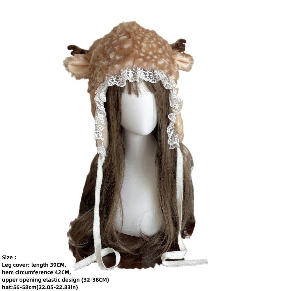 Faux Fur Plush Lace Winter Hat Leg Warmers Ear Protection New Reindeer Furry Boots Socks Cover