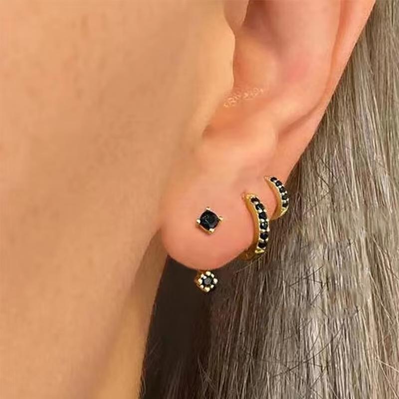 Conjunto de 3 Mini Brincos Turquesa Cor Dourada Novo Design Argolas Fofas Joias de Luxo Conjunto para Presente Opções de Pedras Cor Preta