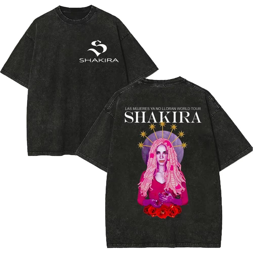 2026 Vintage Gewaschene Shakira T-Shirts Las Mujeres Ya No Lloran Welttournee 2026 T-Shirts Herren Damen Oberteil Hip Hop Streetwear T-Shirt S