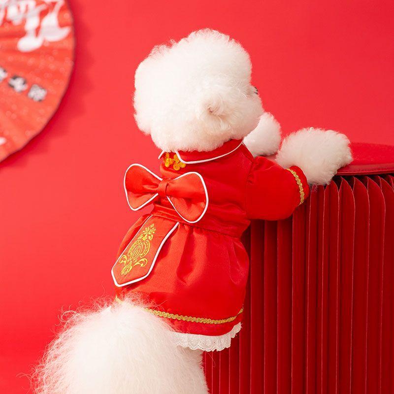 New Year's dog clothes big bow festive velvet thickened New Year's cotton coat red teddy bear pet winter dress