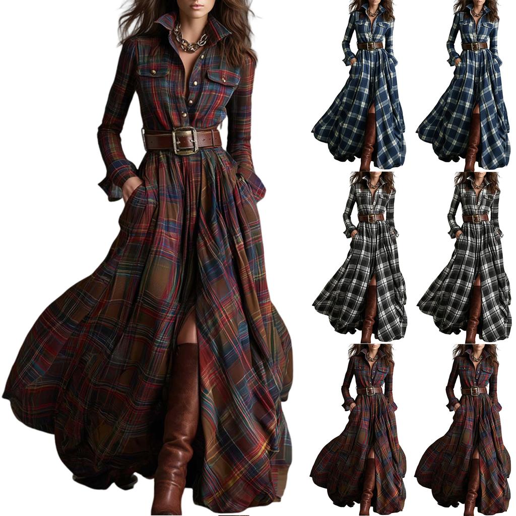 Women's Fashion French Vintage Check Waist-cinching Slimming Asymmetrical Design Collar Long-sleeved Dress