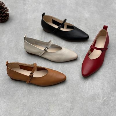 Handmade Genuine Leather Pointed Toe Women's Flat Shoes Simple Versatile Buckle Strap Soft Soled Shoes