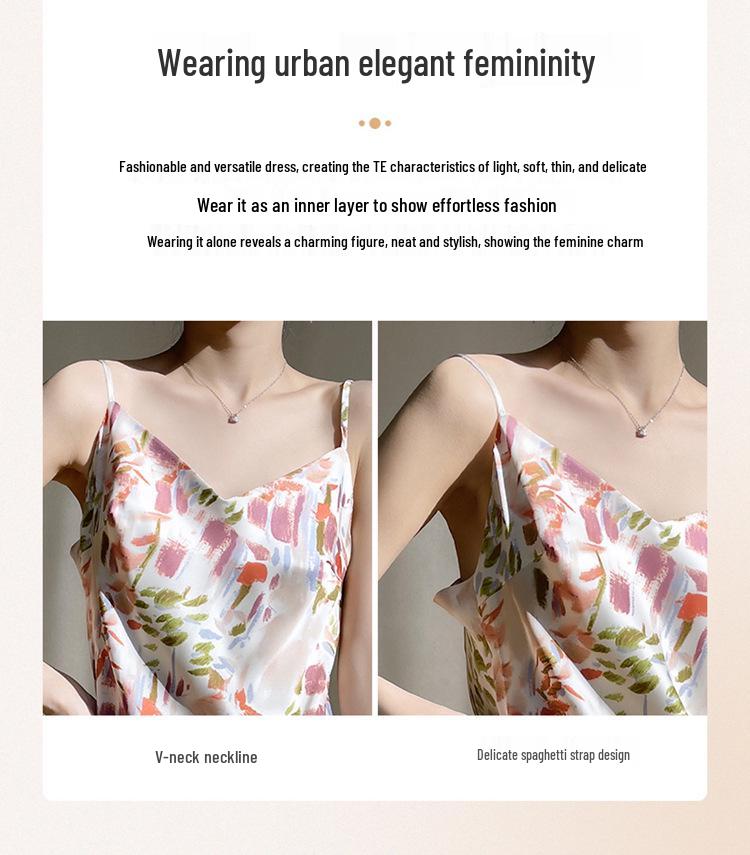 New Women's French Floral Mulberry Silk Satin V-Neck A-Line Camisole Dress - Slimming Summer Style