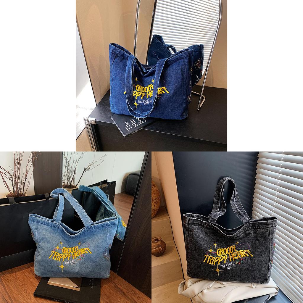 Denim Tote Bag For Women With Embroidered Letters And Street Style For Daily Use