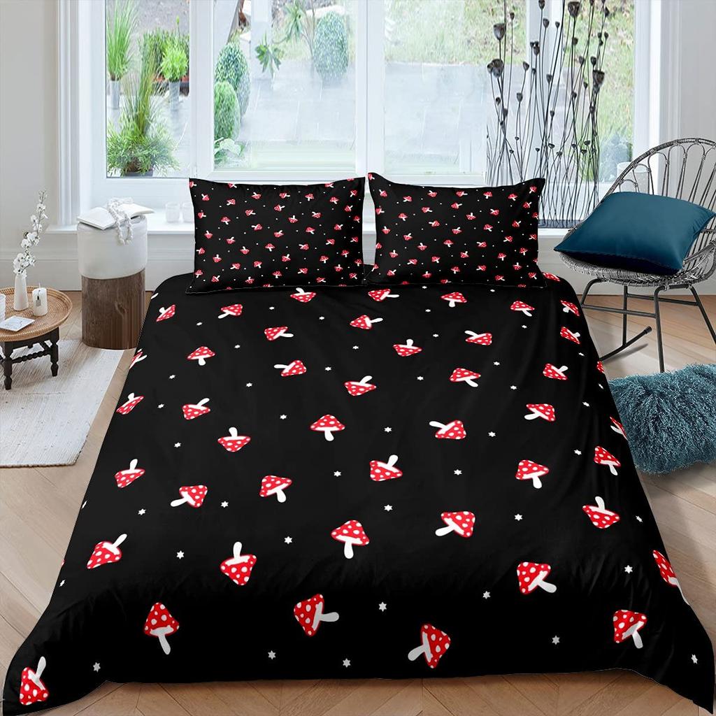 Mushroom Duvet Cover Colorful Gold Pattern Cartoon Plant Beddings for Teen Boys Girls Kids,Queen/King Microfiber Comforter Cover