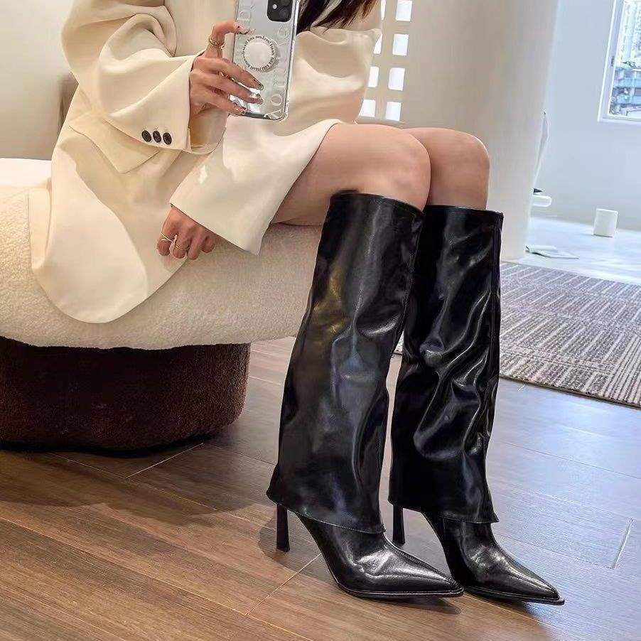 High-heeled Pointed Pile Boots Women's Boots 2025 New Autumn and Winter Black But Knee Trousers Long Knight Boots