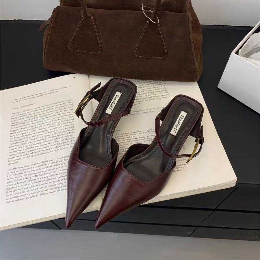 2025 spring and summer sandals soft leather pointed head low heel women's shoes cat heel shoes muller shoes outer wear bag head half drag women's co