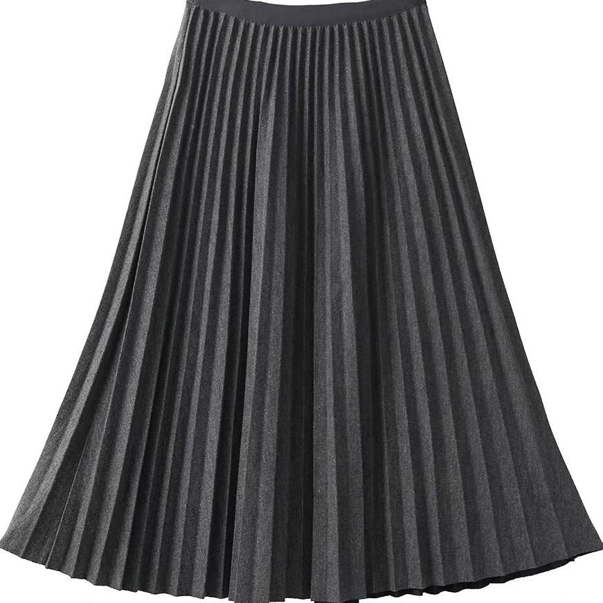 Premium Wool Pleated A-Line Skirt for Women, Korean Style, Versatile for Autumn/Winter, Elegant, High-Quality Midi Length.