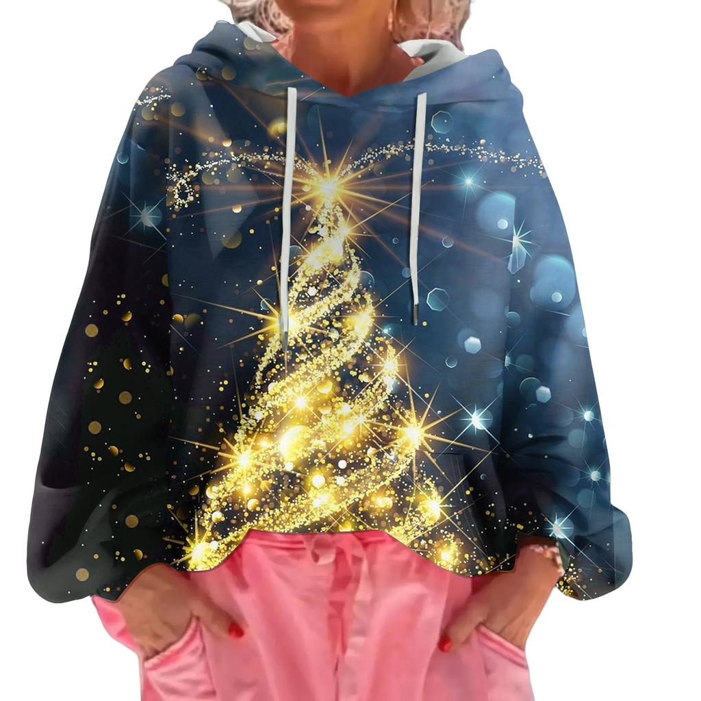 Dámská vánoční potištěná volná ležérní mikina s dlouhým rukávem a kapucí