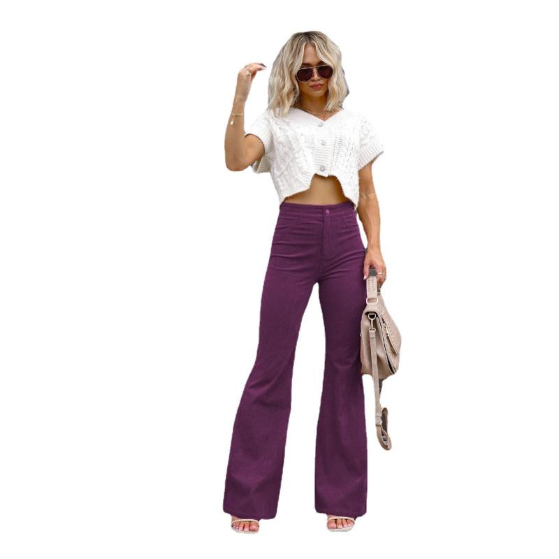 Women's Winter High Waisted Flared Corduroy Pants Solid Color Elegant Stretchy Slim Fit Casual Warm Full Length Bell Bottom Trousers