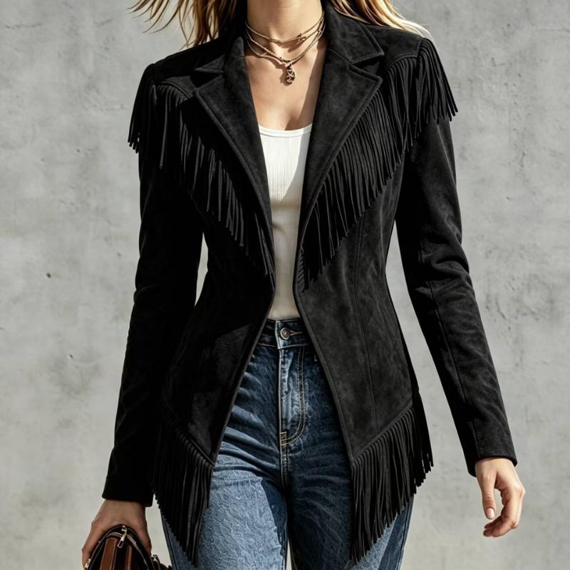 Women S Vintage Western Style Suede Fringe Long Sleeve Jacket