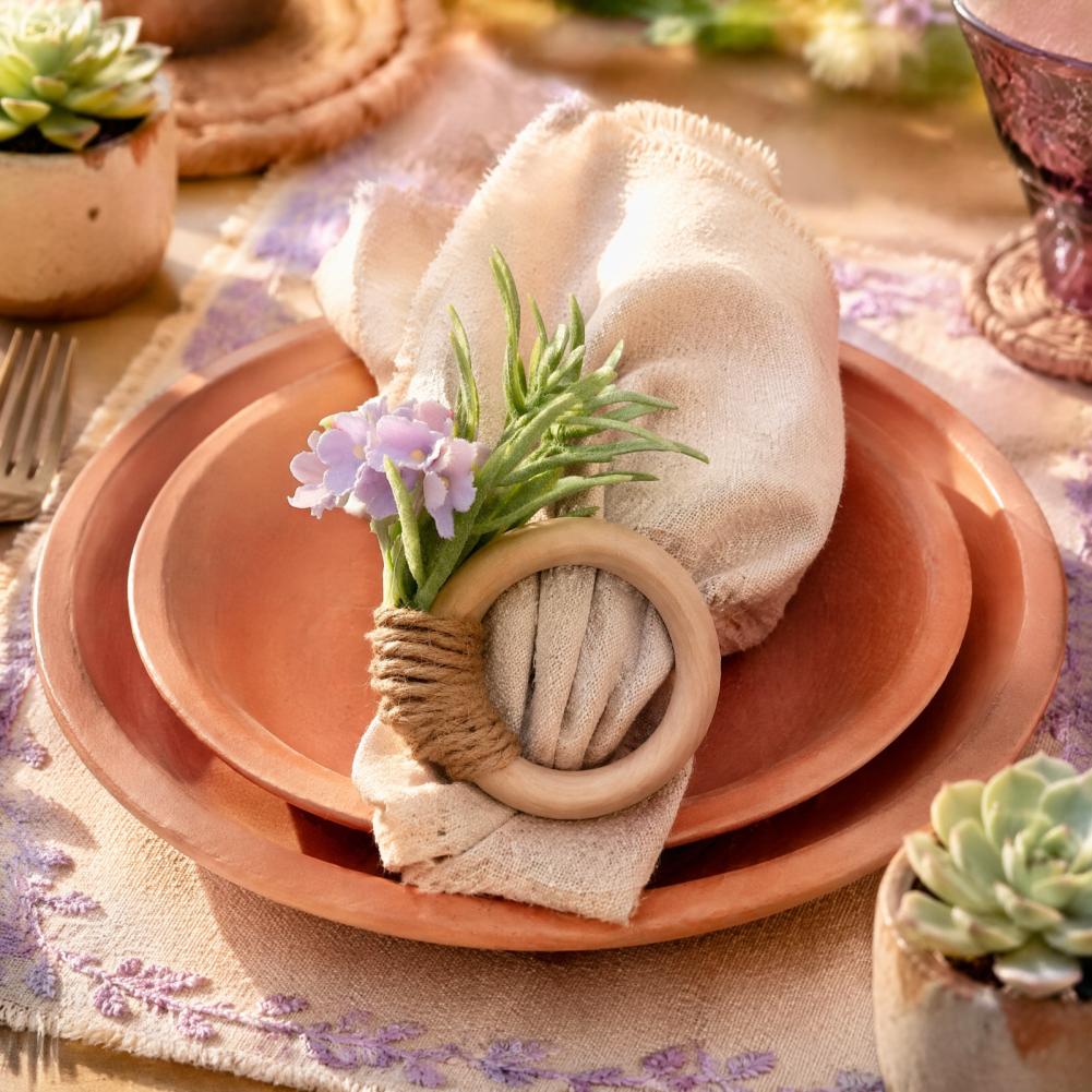 Floral Napkin Rings Artificial Rosemary Napkin Rings Farmhouse Wooden Napkin Holders Rustic Faux Flower Rings for Wedding Dining