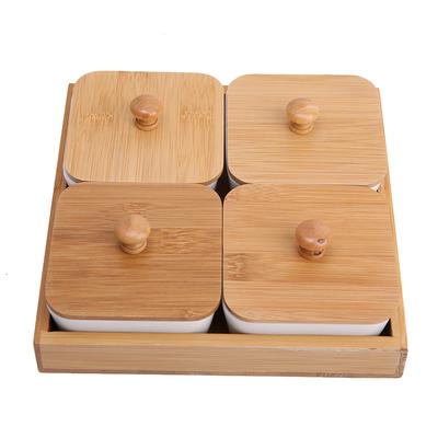 Piatto da portata per antipasti in ceramica con coperchio in bambù per dessert a base di frutta e noci (4-Scomparti)