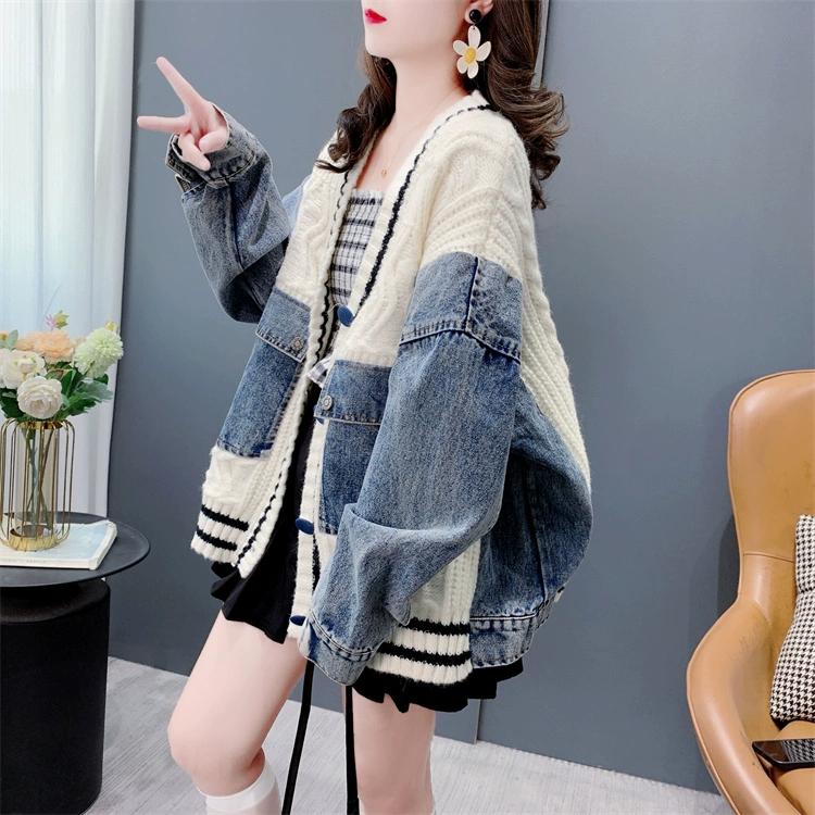Dimanaf 2025 Winter Coat Women Jacket Sweaters Denim O-Neck Buttons Patchwork Knitting Basic Blue Fashion Loose Sweater