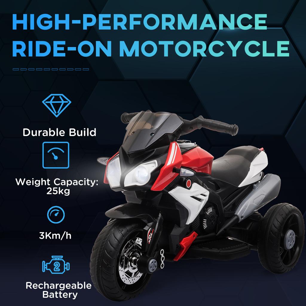 Kids Electric Motorcycle, 6V Ride On Motorcycle with 3 Wheels, LED Headlight, Music, Horn for Boys Girls 3-5 Y, Red