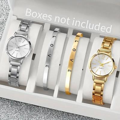 4-teiliges/Set Damenmode Uhrenset mit lässigem Stil, Quarz-Uhr mit kleinem Zifferblatt und Armbandset (Box nicht im Lieferumfang enthalten) Geschenk für Mädchen