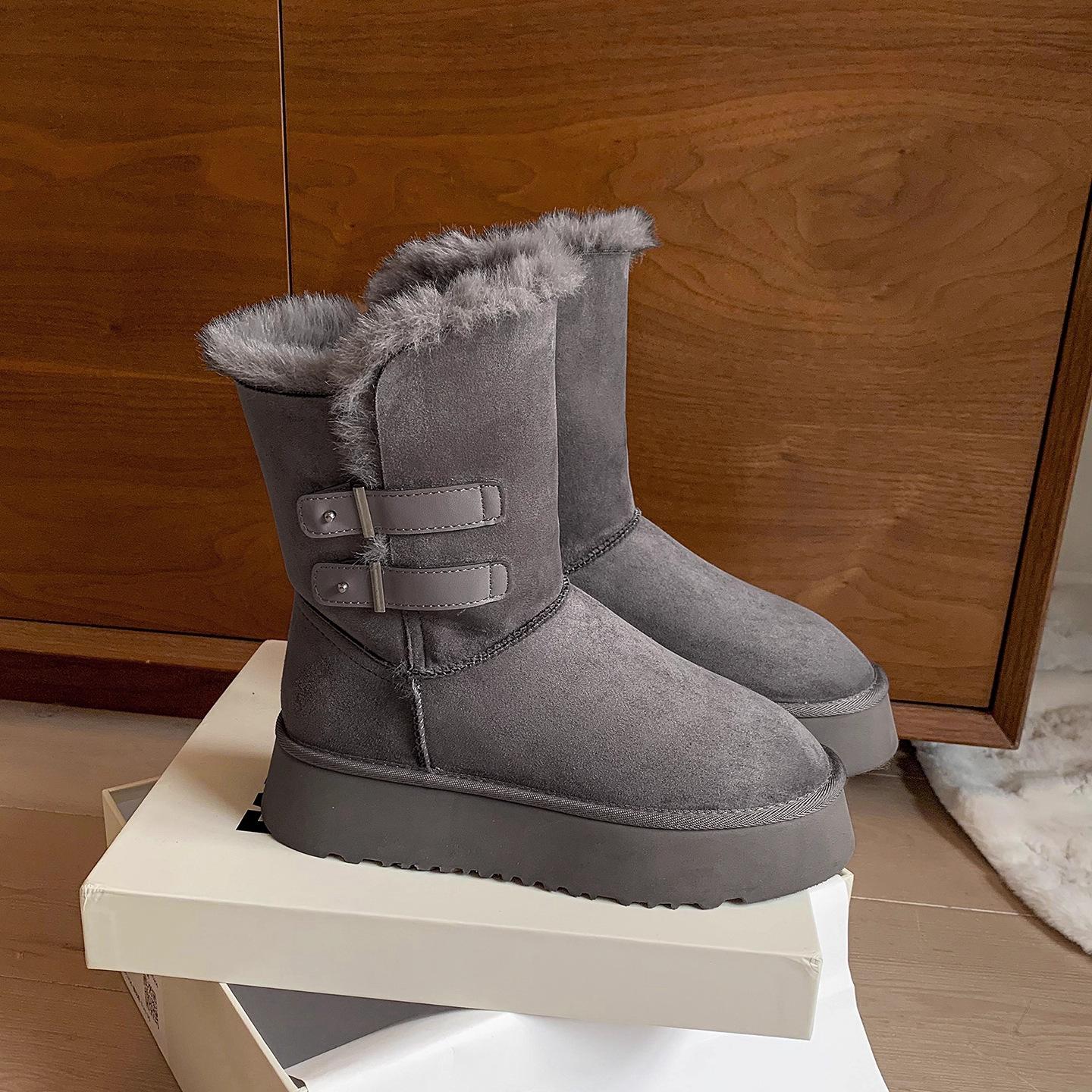 

Женские зимние ботинки-снегоходы на толстой подошве из матовой кожи, новинка 2025 года, универсальные, увеличивающие рост, с утолщенным теплым подкладом, короткие ботинки, снегоходы из хлопка 40 серый