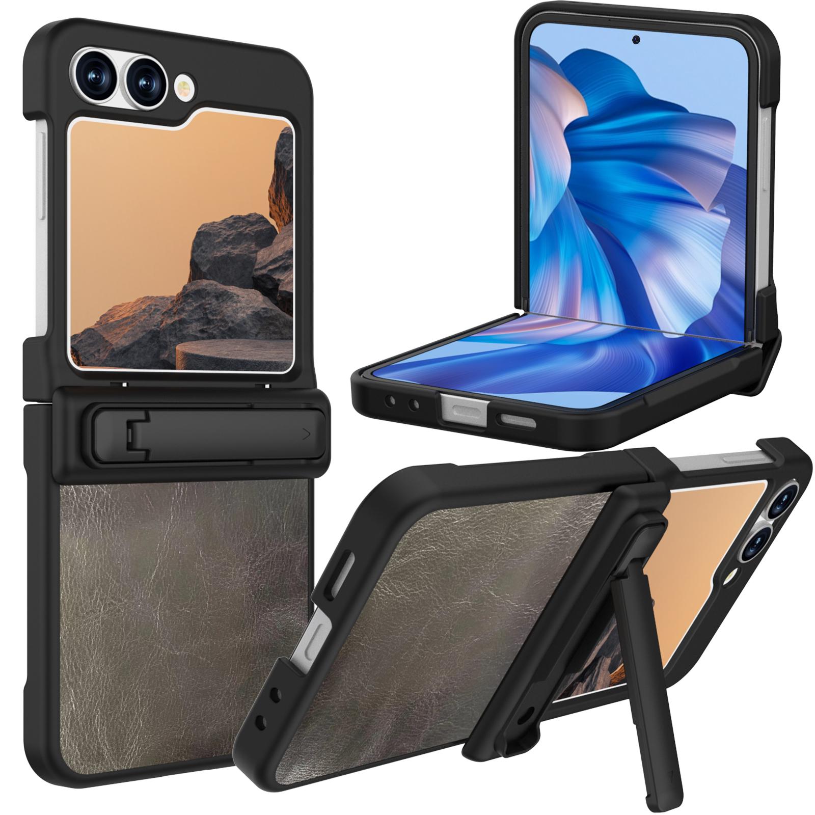 

GW181 For Samsung Galaxy Z Flip7 FE 5G/Flip6 5G Kickstand Case Crazy Horse Texture PU PC Phone Back Cover Black