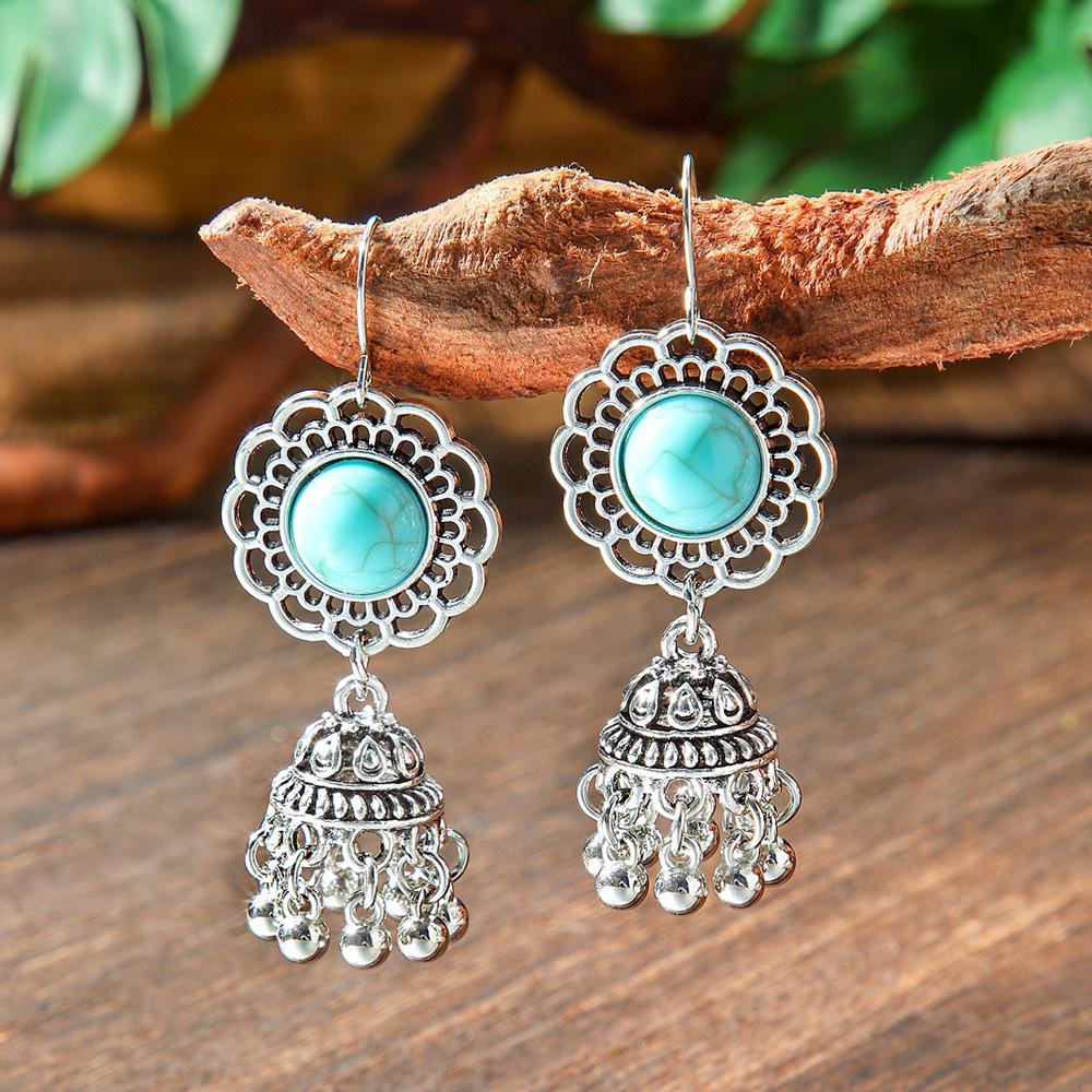 Vintage Earrings Silver Geometric Turquoise Drop Earrings Bohemian Dangle Jewelry for Women