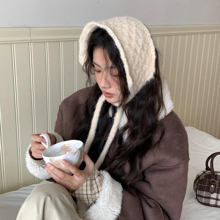 ins wind solid color pineapple pattern knitted wool warm ear protection strap hat wool earmuffs versatile autumn and winter earmuffs