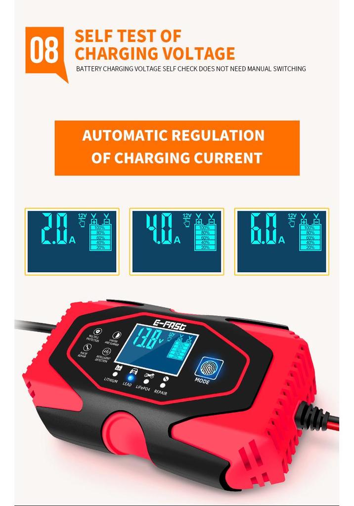 E-FAST 12V/24V Dual Voltage Smart Car & Motorcycle Battery Charger with Screen Display
