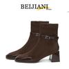BEIJIANI 5598-2 Ankara Red Cashmere Square Toe Chunky Heel Ankle Boots for Women