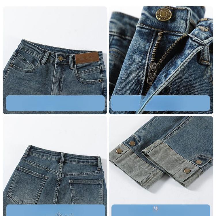 Vintage High Waist Slim Stretch Jeans Women Retro Straight Leg Ankle Length Simple Denim Pants