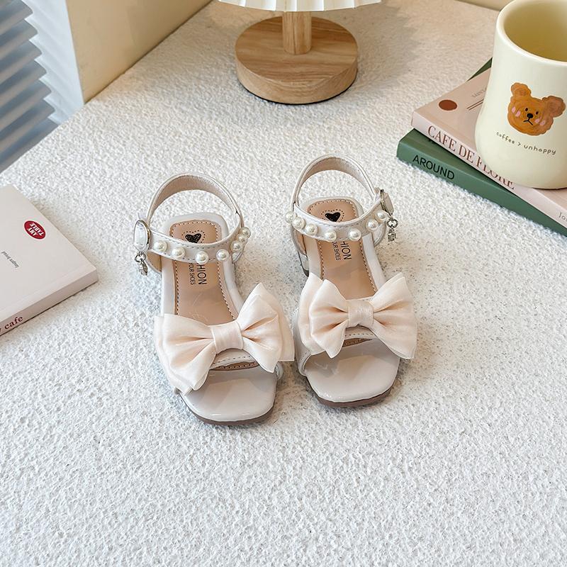 

Girls Sandals Sweet Elegant Kids Dress Shoes Dance Wedding Non-slip 2025 Summer New Girls Princess Sandals Big Bows Ins Trendy 26 бежевый