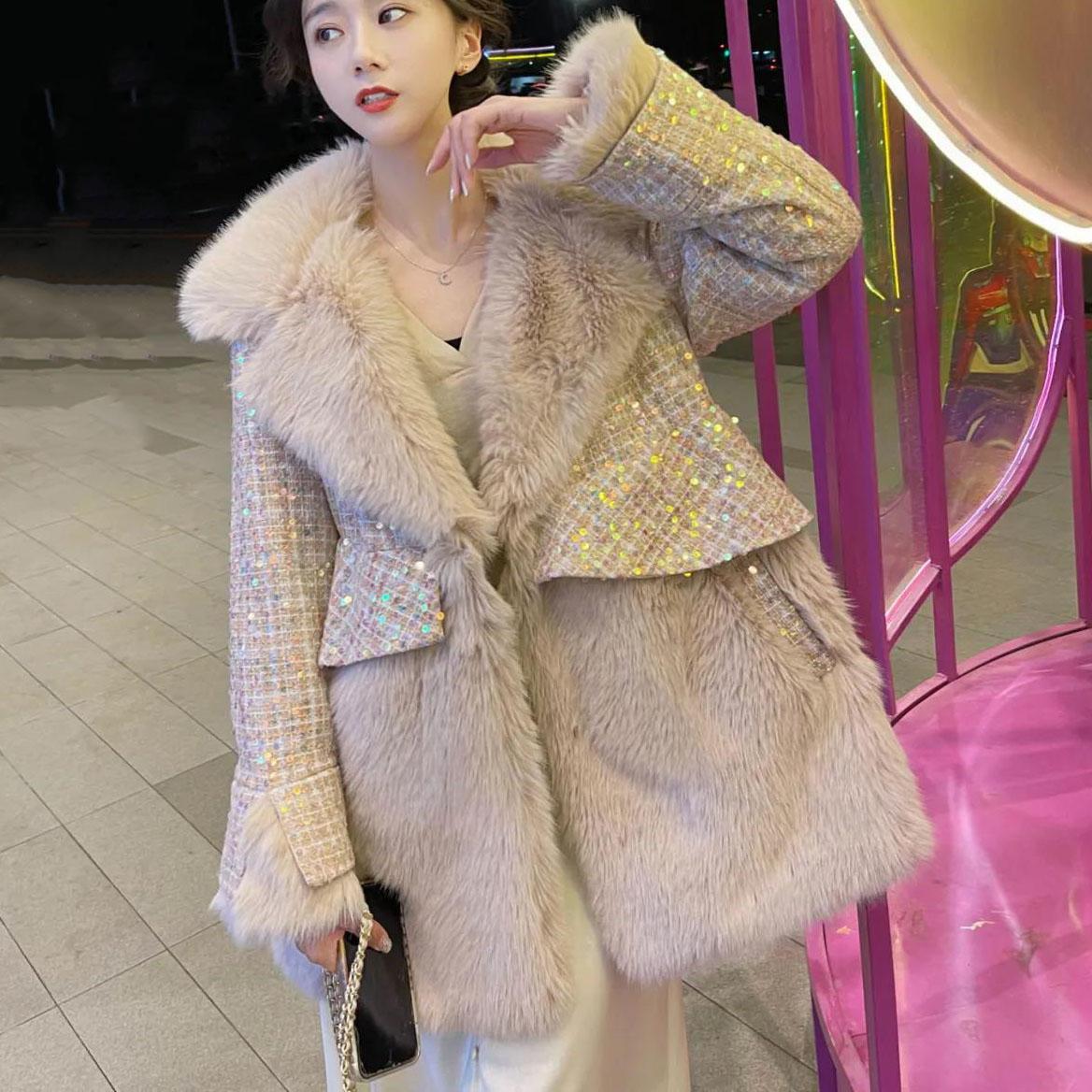 

Женские куртки большого размера с длинным рукавом и v-образным вырезом из мехового воротника, женское свободное теплое пальто с блестками, зимнее толстое меховое пальто S шампанского