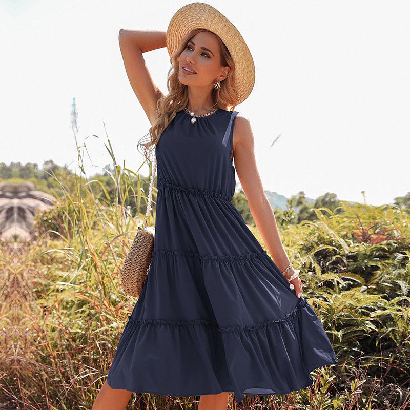 

Летнее женское платье Платье-майка с эластичной резинкой на талии, однотонное платье без рукавов с рюшами и деревянным краем уха, отпускное платье XL темно-синий