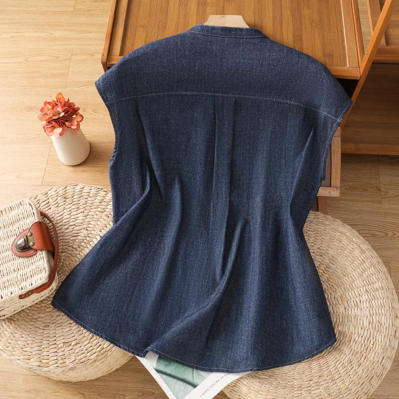 2025 Damen Retro Blau Denim Ärmelloses Sommerhemd