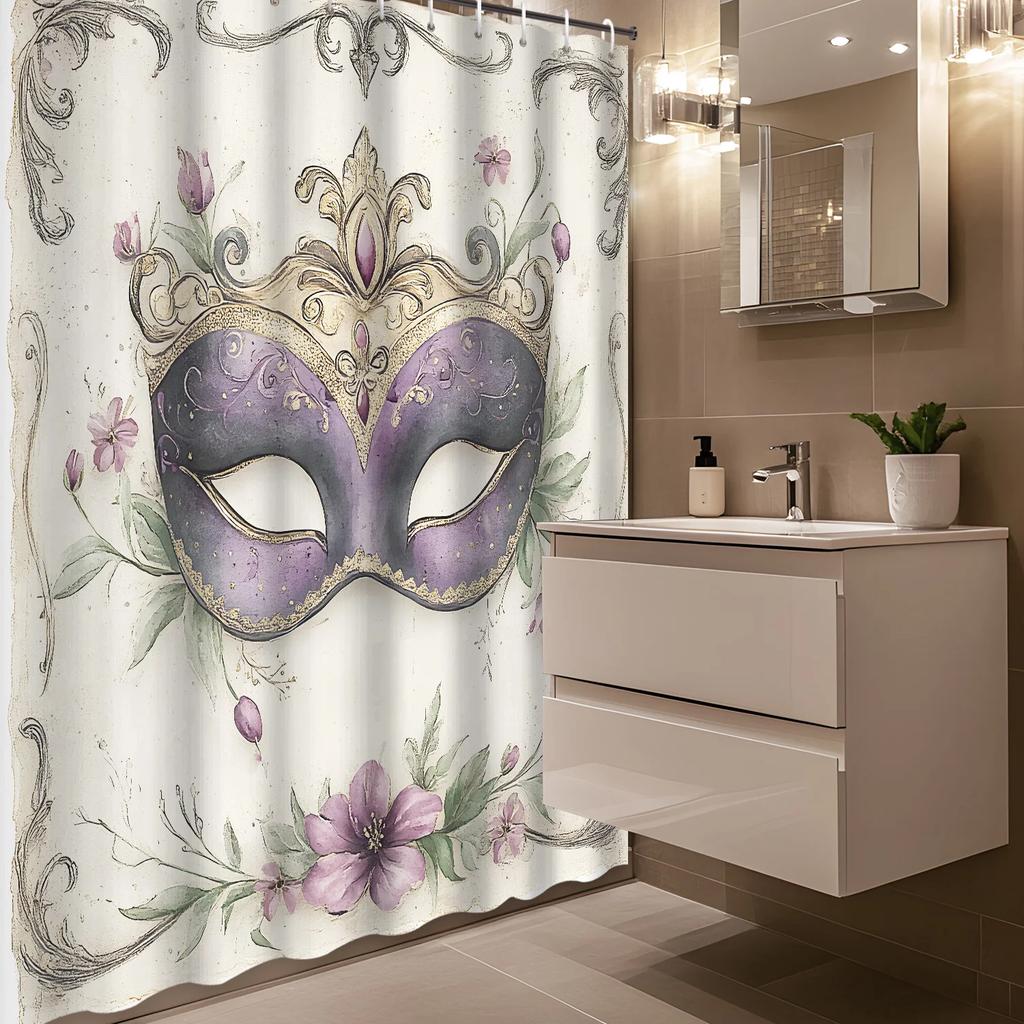 1Pc Vintage Watercolor Carnival Mask Shower Curtain – Mysterious Style, Includes 12 Hooks, For Bathroom Decor