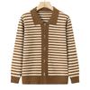 Elegant Women's Striped Knit Sweater with Turn-Down Collar - Versatile Fall Fashion for Moms