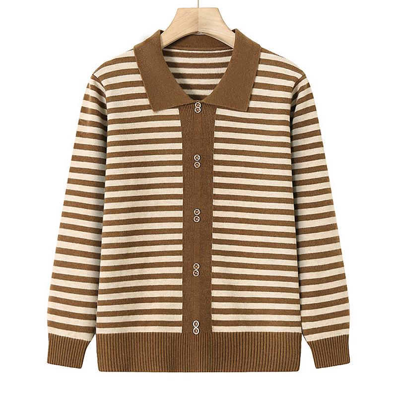 Elegant Women's Striped Knit Sweater with Turn-Down Collar - Versatile Fall Fashion for Moms