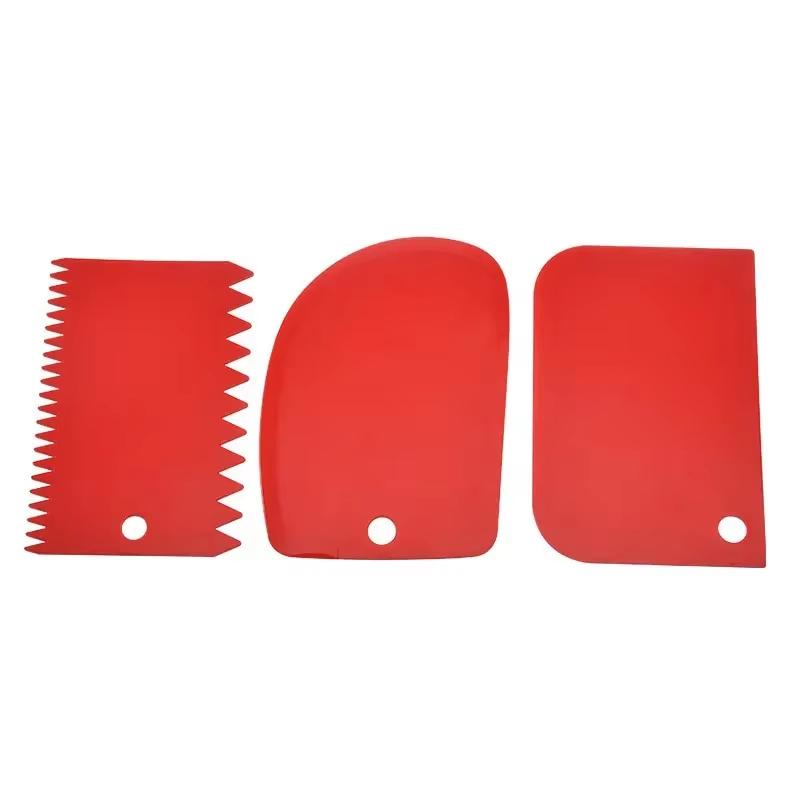 3pcs/set Red Decorating Tool Baking Dough Cutting Scraper Plastic Dough Scraper Thickened Three-Piece Cream Scraper