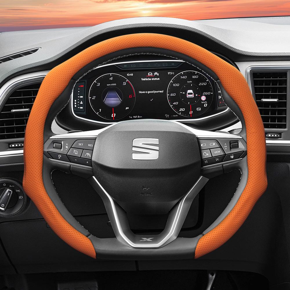 Suitable for Seat Perforated Leather Steering Wheel Cover, Non-Slip, Sweat-Absorbent, Breathable, Integrated Snap-On Protective Cover for Ibiza, Arona