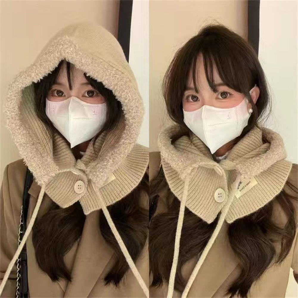 Plush Knitted Hat Neck Protection Lace-up Hat New Hood Scarf  Autumn Winter