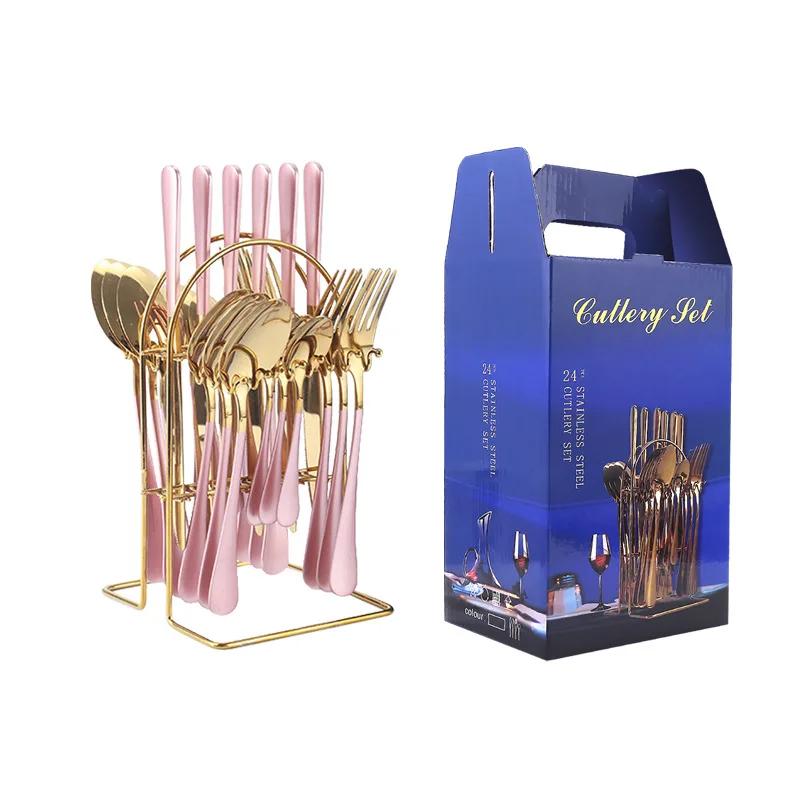 24pcs Luxury Dinnerware Sets with Holder Stainless Steel Fork Spoon Knife Business Gift Box Cutlery Rack Home Flatware Tableware