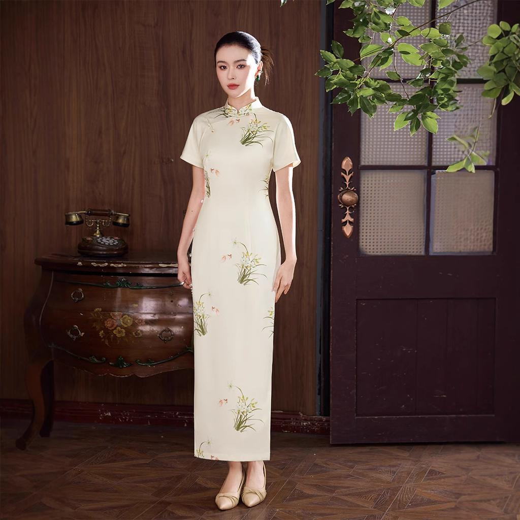 1011 Summer New Printed Cheongsam High-end Temperament Plain and Elegant Dress White New Chinese Daily Short-sleeved Long