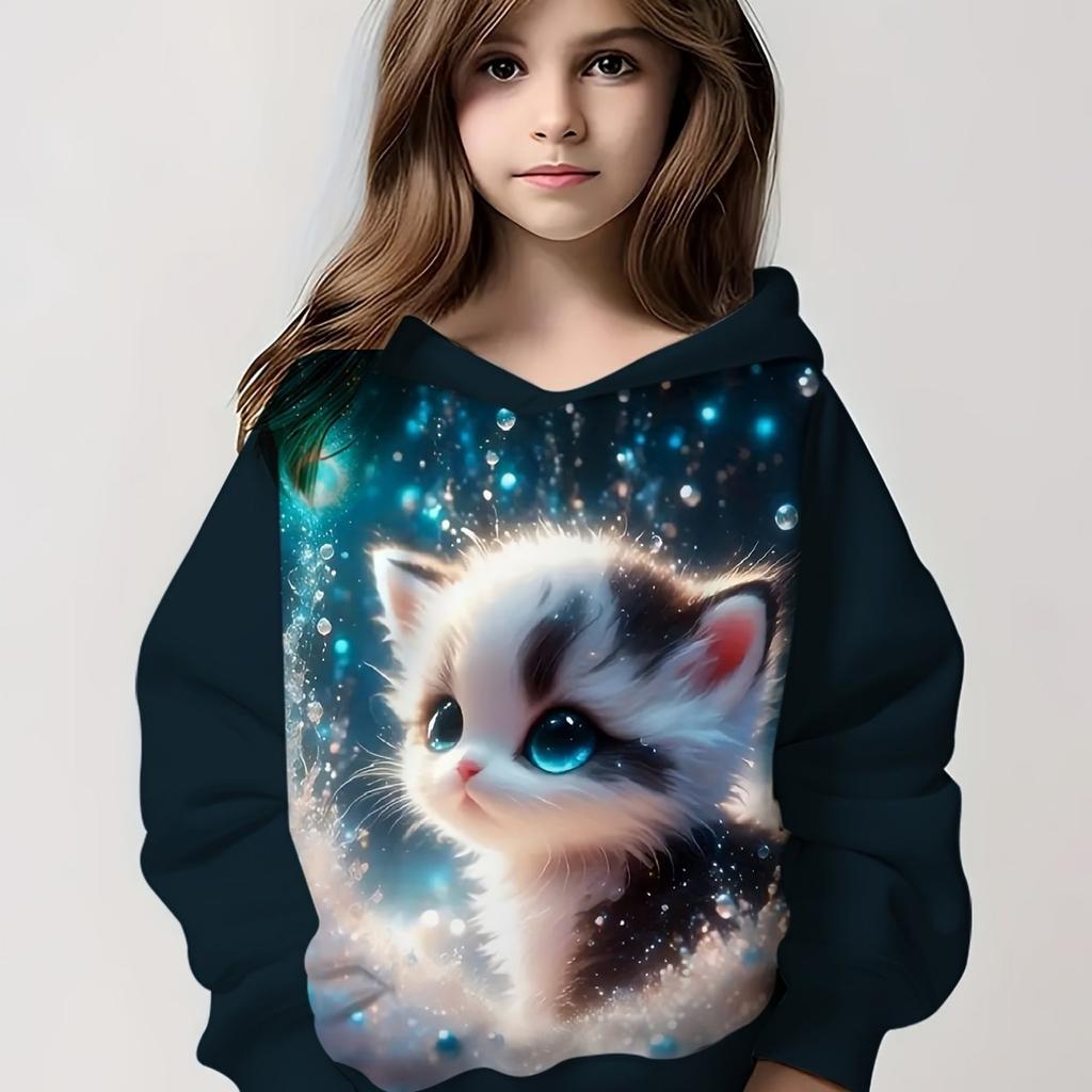 Kids Clothes Girl Hoodies Long Sleeve Cartoon 3D Cat Print Children Spring Fall Clothes Casual Cute Outdoor Girl Clothes Tops