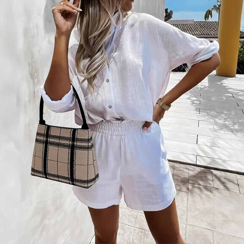 Cross-border Amazon Independent Station 2026 Spring Women's Clothing European and American Shorts Shirt Set Cotton and Linen Solid Color Breathable