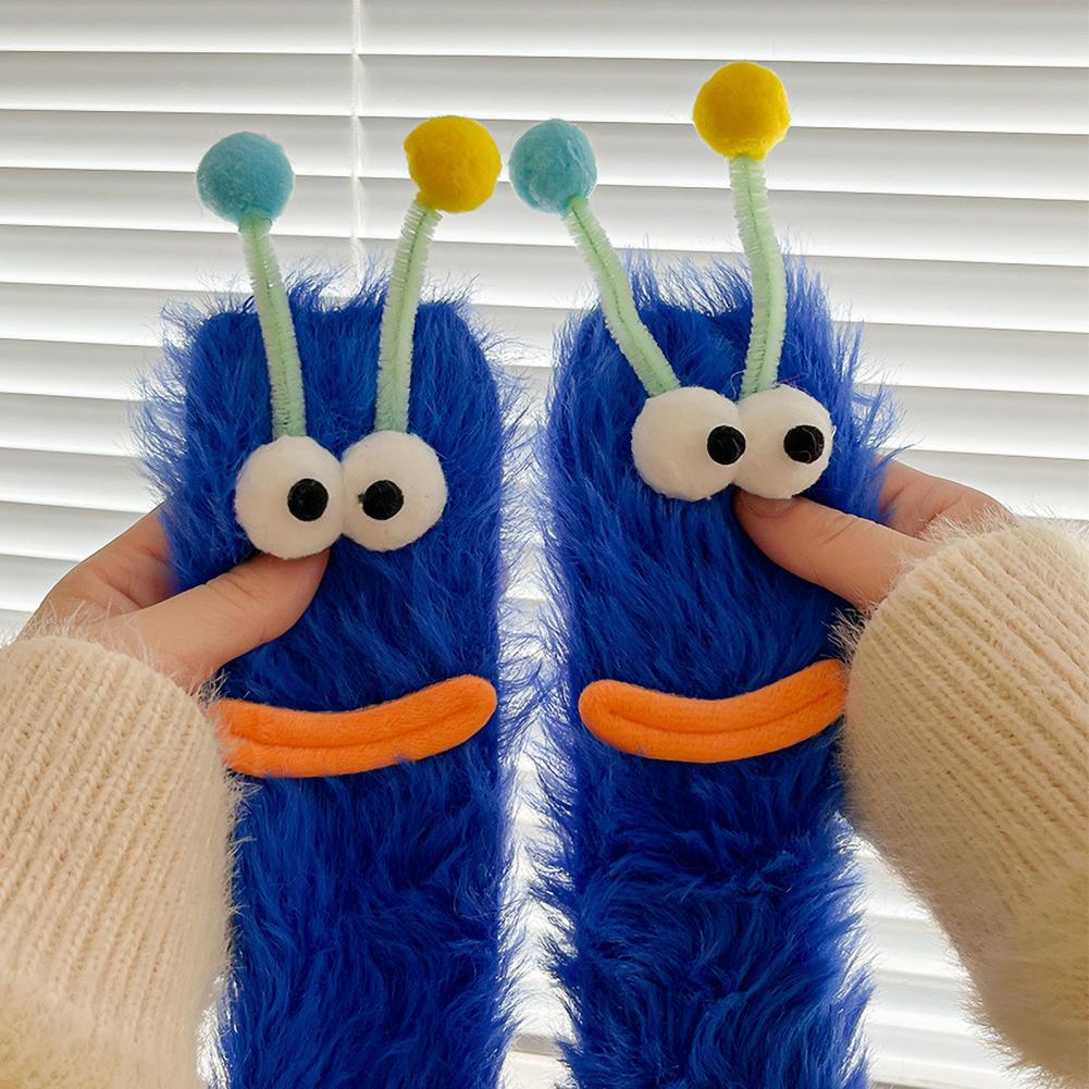 1 Two-Piece Collection Cartoon Socks Funny Expression Decoration Animal Big Eyes Thick Fuzzy Plush Warmth Retention Fall Winter  Practical Use
