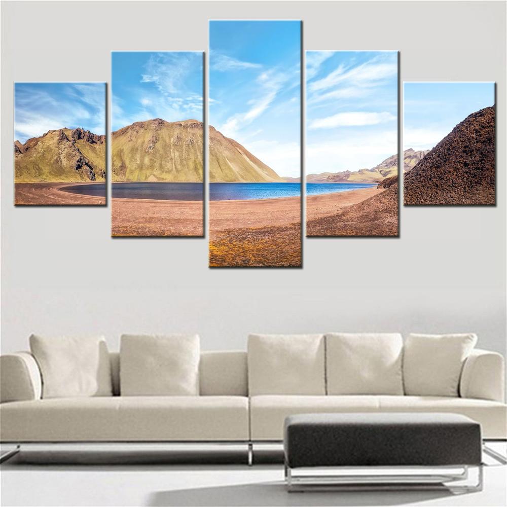 5 Pieces Canvas Wall Arts Mountain Poster Painting Nature Lake Myvatn Iceland Wallpaper Home Decor Picture Artwork Living Room