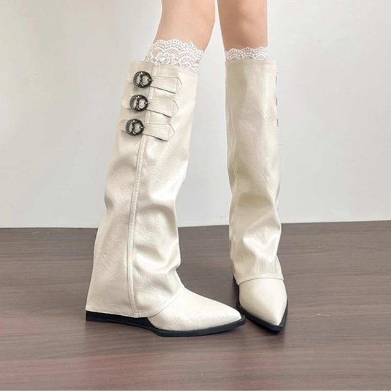 Fashion Autumn Winter Low Heels Long Boot Splicing Buckle Strap Woman Knee-High Boots Square Style Female Boot