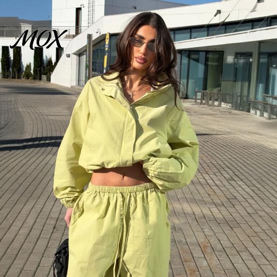 Women Casual Jacket Sets Pants Set for Fall, Stand Collar Zip-Up & Drawstring Loose Fit Clothing Waist Wide Leg Pants, Two Piece Matching Suit