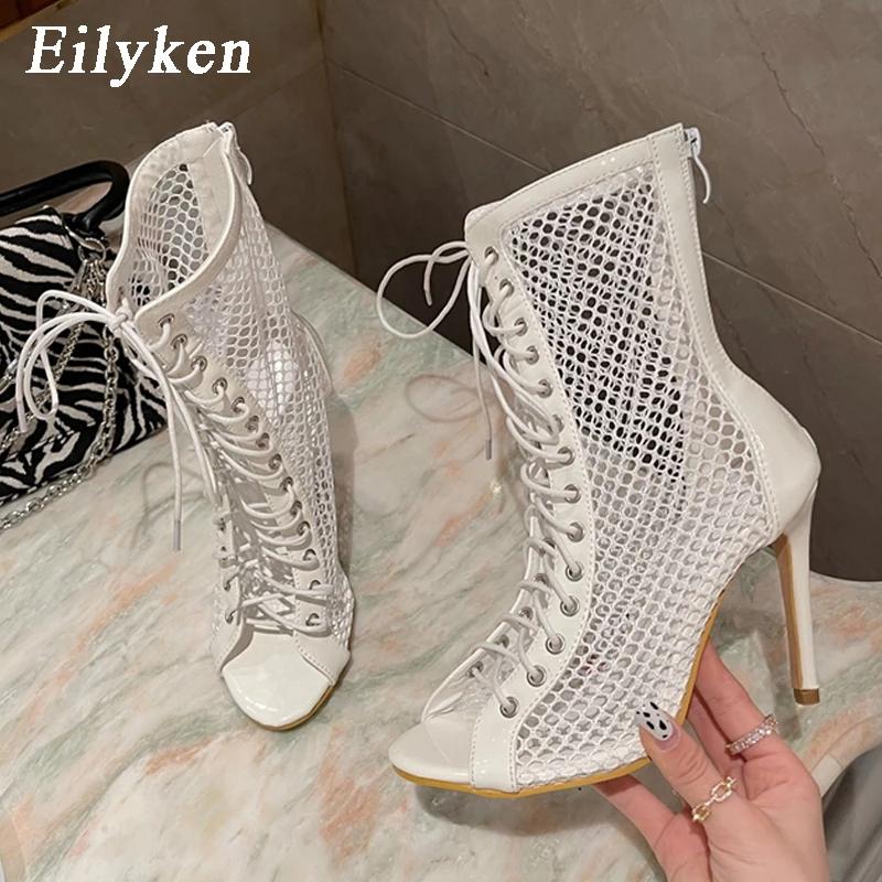 Fashion Eilyken Fashion Design Mesh High Heel Women Boots Sandals Sexy Peep Toe T-tied Stripper Pole Dancing Stiletto Shoes